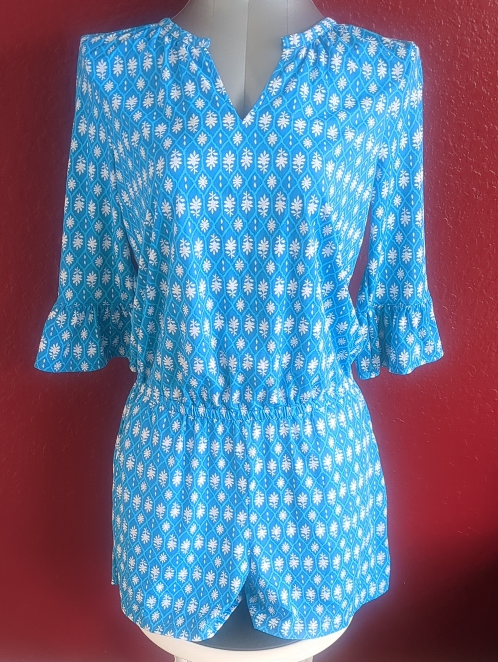 Cabana Life Blue-White Floral Ruffle Sleeve V-Neck Pockets Romper UPF59+